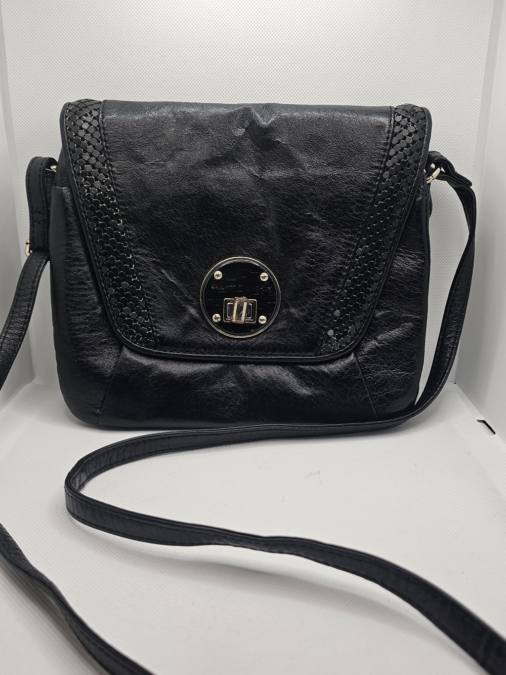 Elliott Lucca Black Leather Crossbody with Woven Trim and Gold-Tone Turn Lock